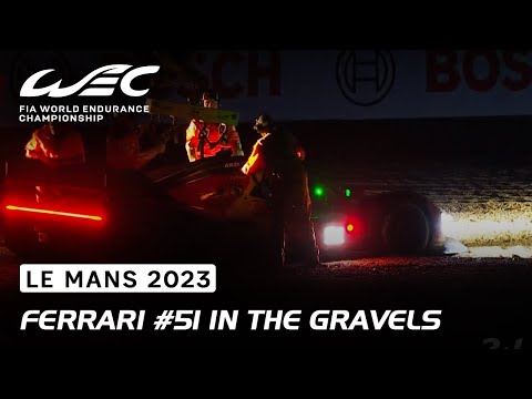 Ferrari Hypercar #51 in the gravel trap while leading I 2023 24 Hours of Le Mans I FIA WEC